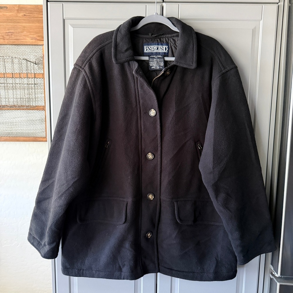 Lands End Vintage Womens Fleece Quilted Insulated Barn Coat, Black,XL